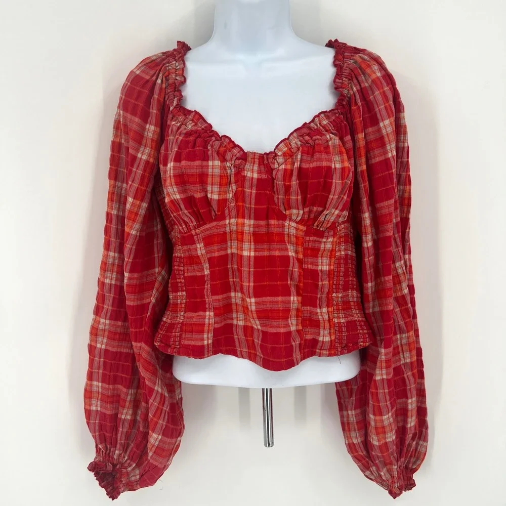 Free People Cherry Bomb Madrass Revolve Smocked Waist Puffed Sleeve Boho Cottage